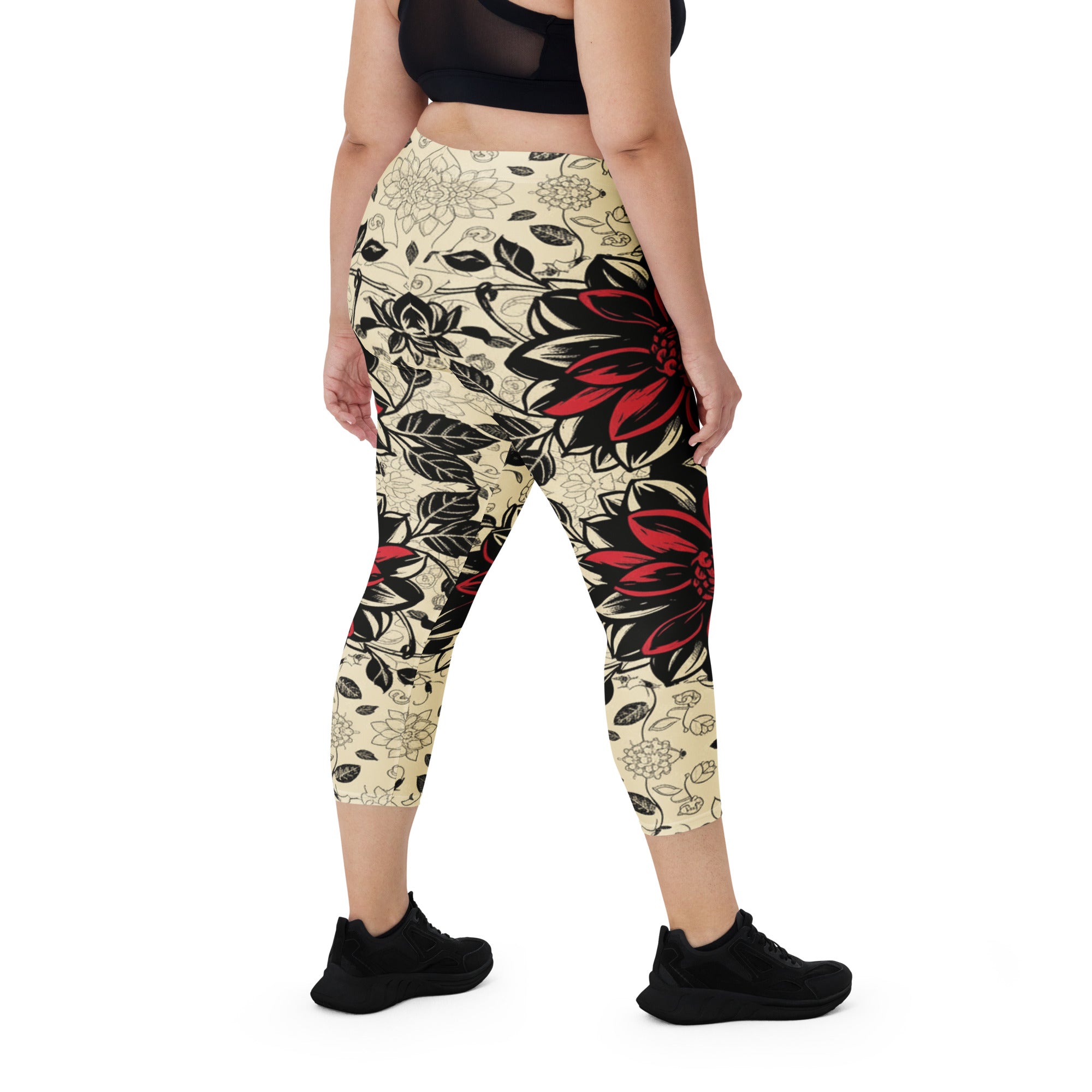 Black Dahlia Bloom Capri Leggings | GearBunch