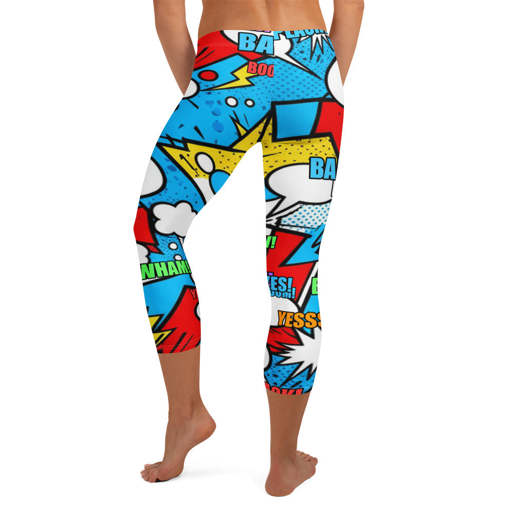 Vibrant and bold Comic Pop Electric Blue Capri Leggings featuring comic book speech bubble pattern, GearBunch Capri Leggings.