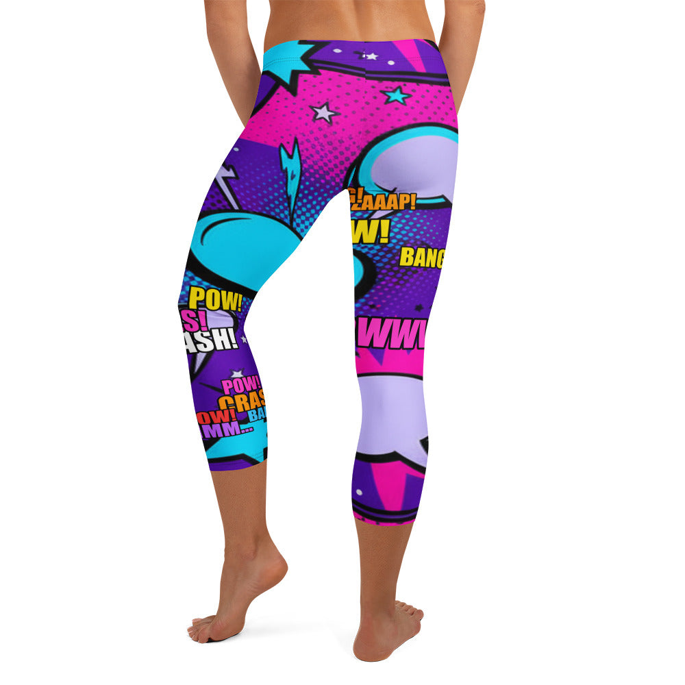 Explosive comic book style pattern on GearBunch Comic Pop Galaxy Purple Capri Leggings.