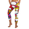 Close-up of bold, colourful Comic Pop Retro Red Capri Leggings featuring comic book sound effects, GearBunch Capri Leggings