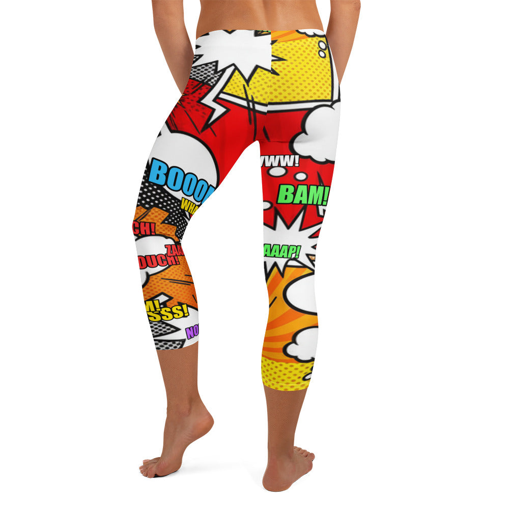 Action-packed Comic Strip Boom Town Capri Leggings featuring speech bubbles and vibrant colours by GearBunch