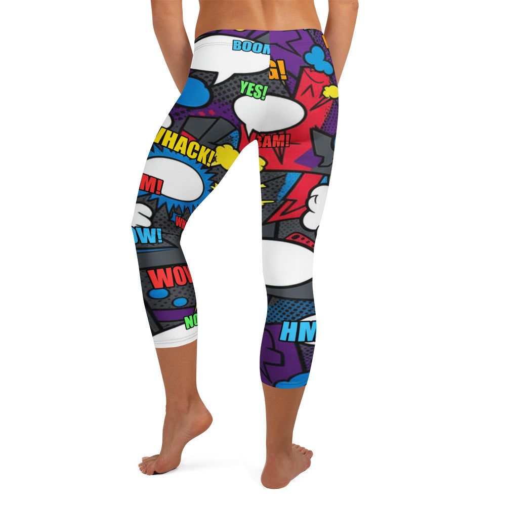 Dynamic comic book panel design on GearBunch Comic Strip Dark Knight Capri Leggings