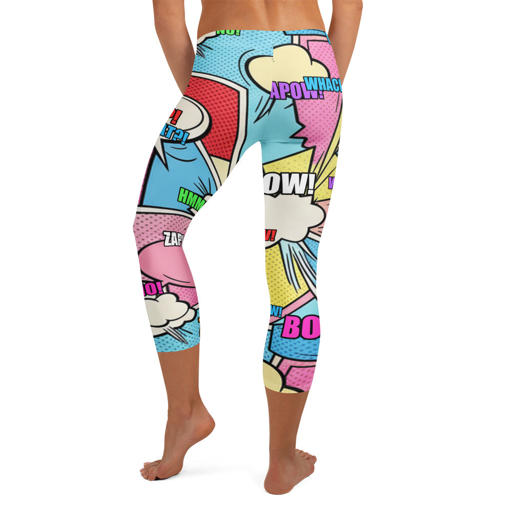 Close-up of Comic Strip Kawaii Cute Capri Leggings featuring pastel comic book panels, GearBunch Capri Leggings