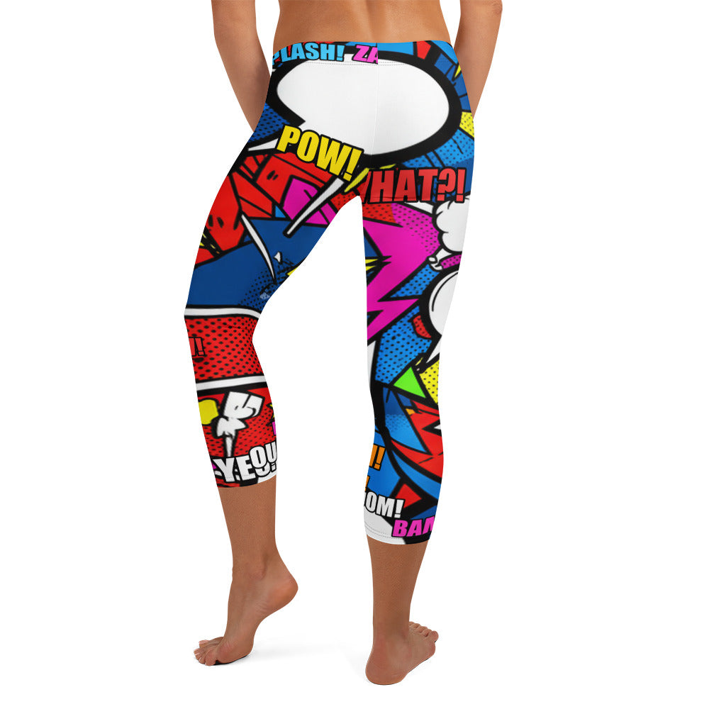 Dynamic comic book panel design featuring bold action words on GearBunch Comic Ninja Night Capri Leggings.