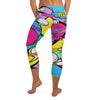 Close-up view of the vibrant Comic Strip Pop Candy Capri Leggings, featuring bold comic book panel designs from GearBunch Capri Leggings.