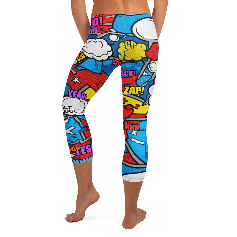 Close-up view of the all-over print design on GearBunch Comic Strip Robot Wars Capri Leggings, showcasing battling robots in a dynamic comic book style.