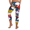 Bold comic strip explosion print GearBunch Capri Leggings featuring electric yellow, deep navy, red and orange.