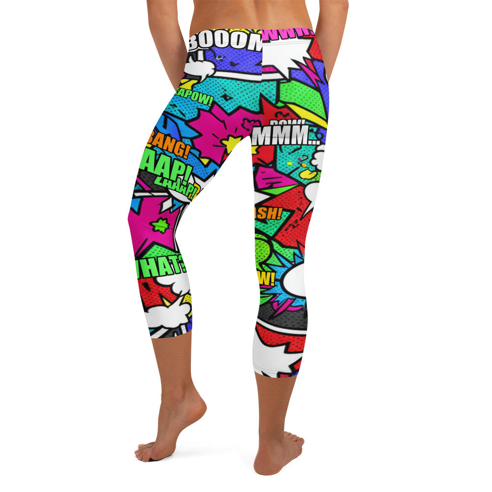 Dynamic comic book panel design on GearBunch Comic Strip Zombie Apocalypse Capri Leggings.