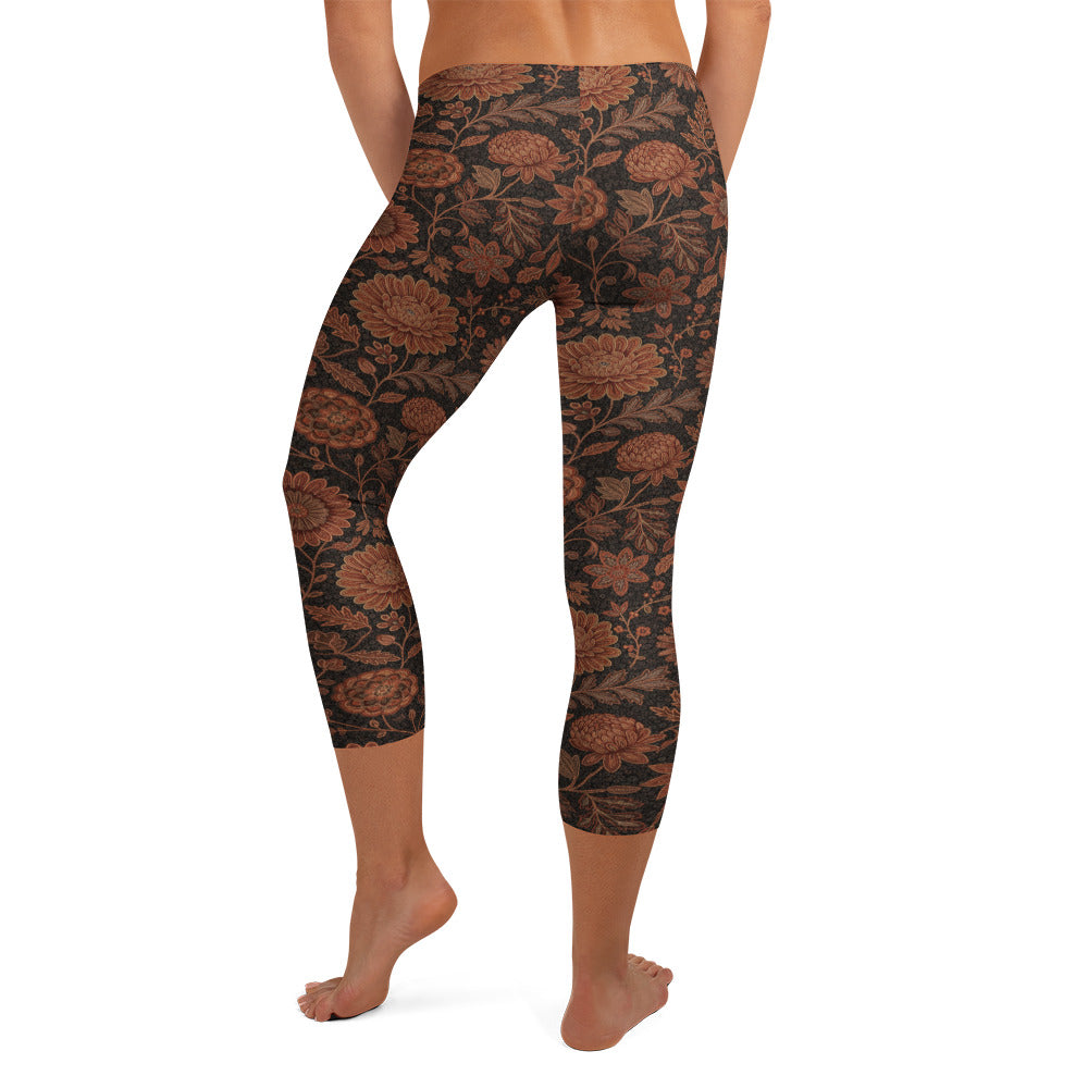 Luxurious copper and bronze floral design on dark espresso background, GearBunch Capri Leggings