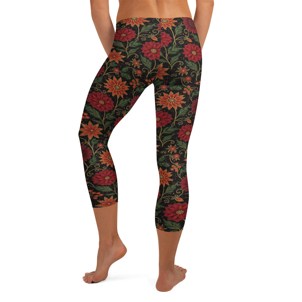 Crimson Fantasy Capri Leggings, all-over floral print in rich jewel tones, GearBunch Capri Leggings
