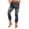 Dramatic crow design on GearBunch Capri Leggings, charcoal, silver, and blue-black colours, Moonlit Crow Capri Leggings