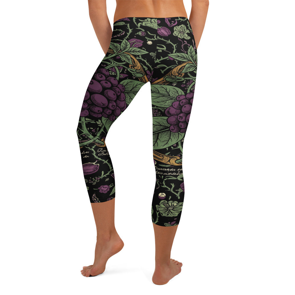 Deadly Nightshade Botanical Capri Leggings featuring a vintage-inspired botanical design, by GearBunch
