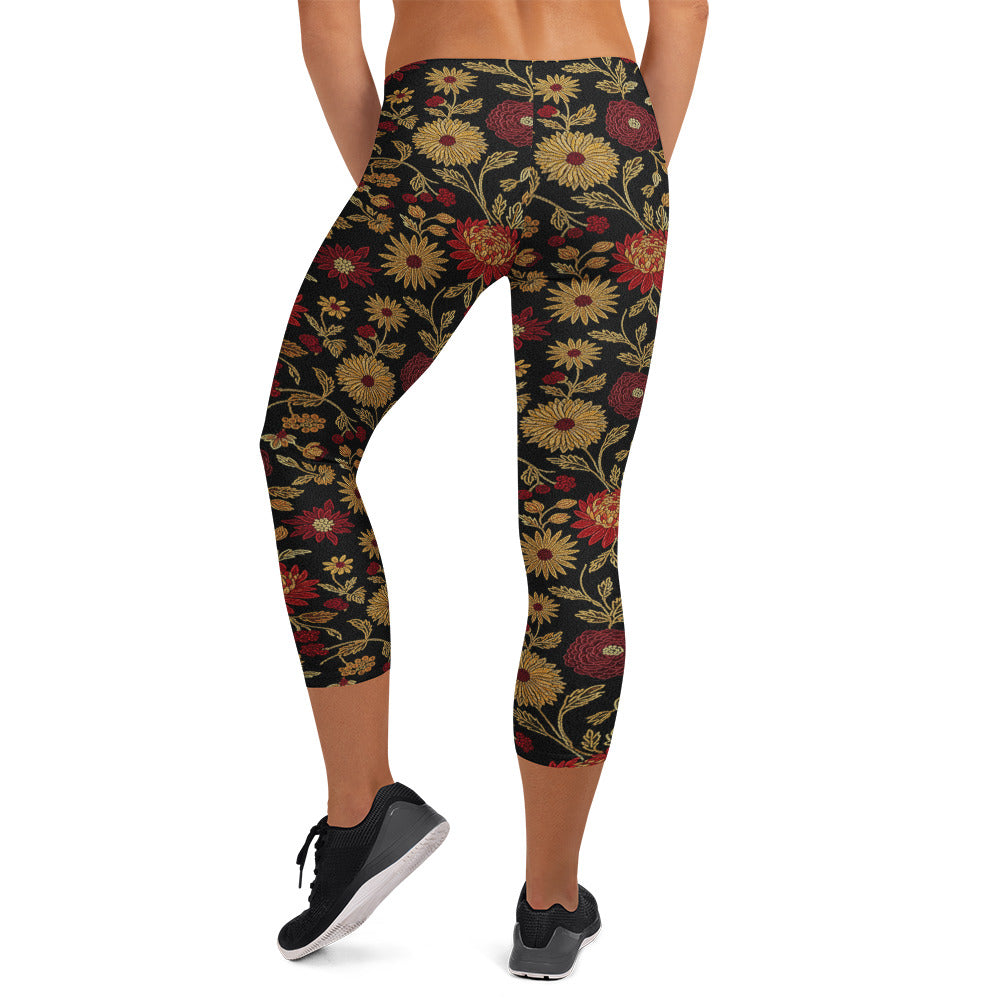 Gold Rose Garden Capri Leggings | GearBunch