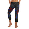 Gothic cathedral-inspired stained glass design on premium GearBunch Capri Leggings with vibrant emerald green, red, and blue.
