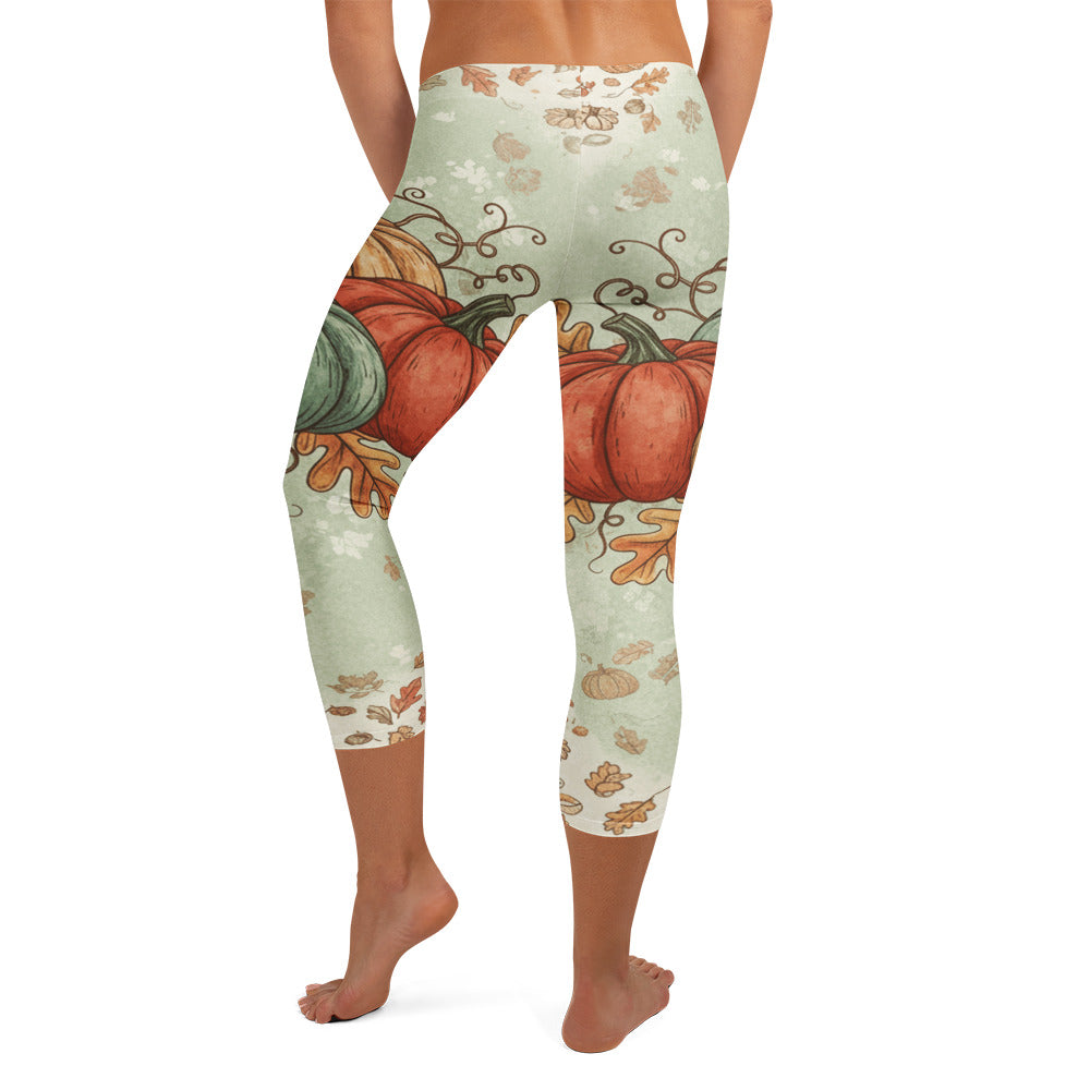 Heirloom Pumpkin Patch Capri Leggings featuring a botanical pumpkin design in rust and sage green, GearBunch Capri Leggings