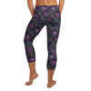 Close-up of vibrant violet, amethyst purple, and silver floral pattern on GearBunch Jewel Orchid Capri Leggings