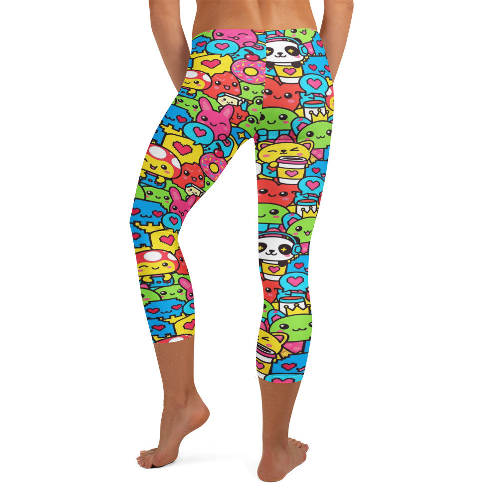 Ultra-vibrant Kawaii Arcade Game Capri Leggings from GearBunch, featuring neon colours and cute characters.