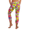 Ultra-vibrant Kawaii Fruit Salad print GearBunch Capri Leggings featuring cute cartoon fruit, animals, and happy faces.