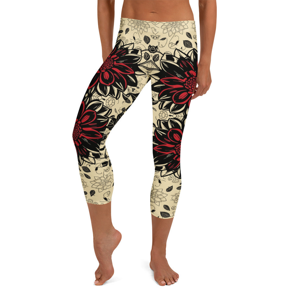 Black Dahlia Bloom Capri Leggings | GearBunch