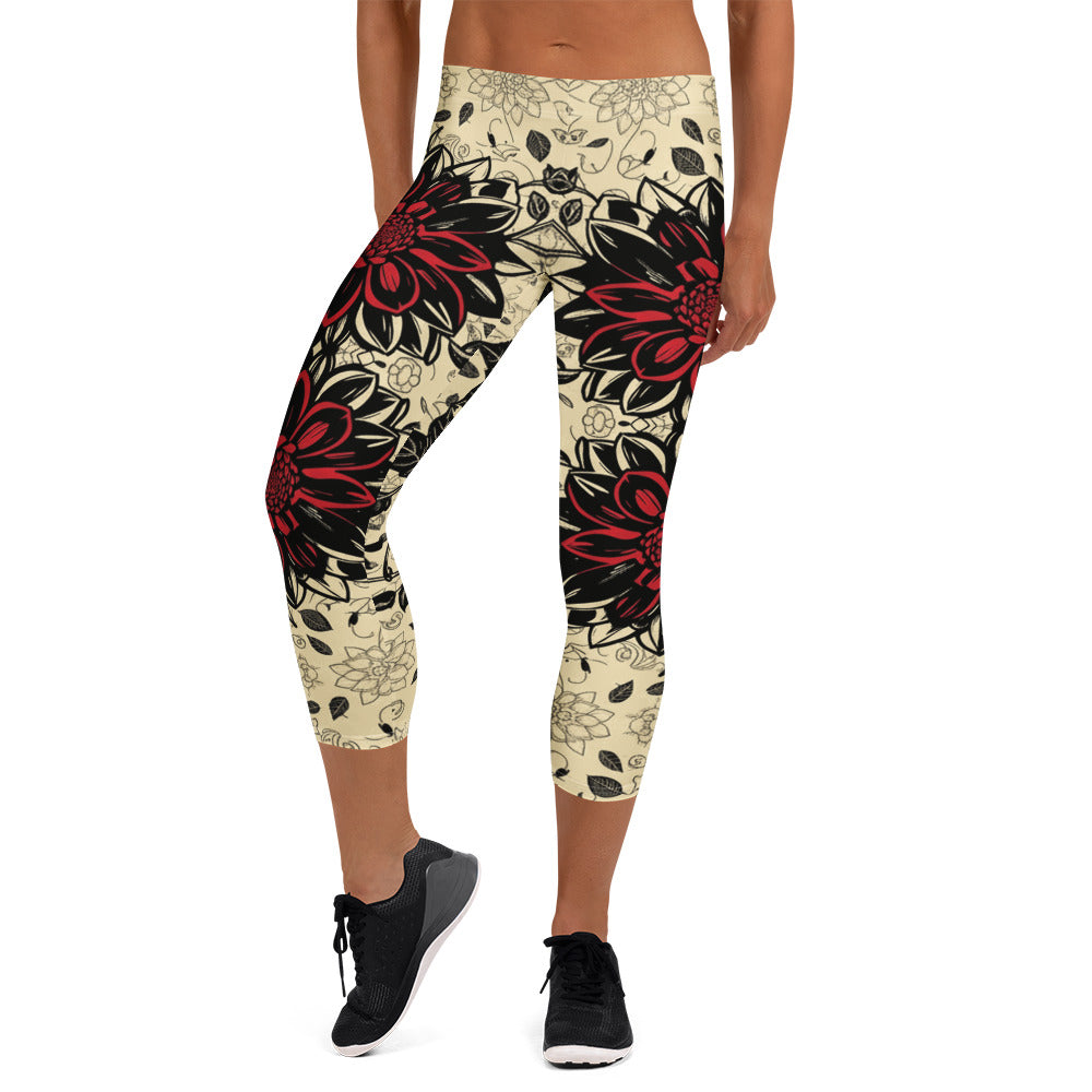 Black Dahlia Bloom Capri Leggings | GearBunch
