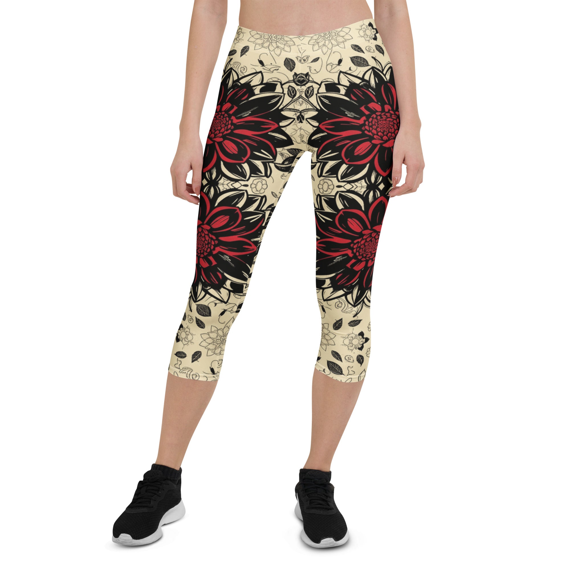 Black Dahlia Bloom Capri Leggings | GearBunch