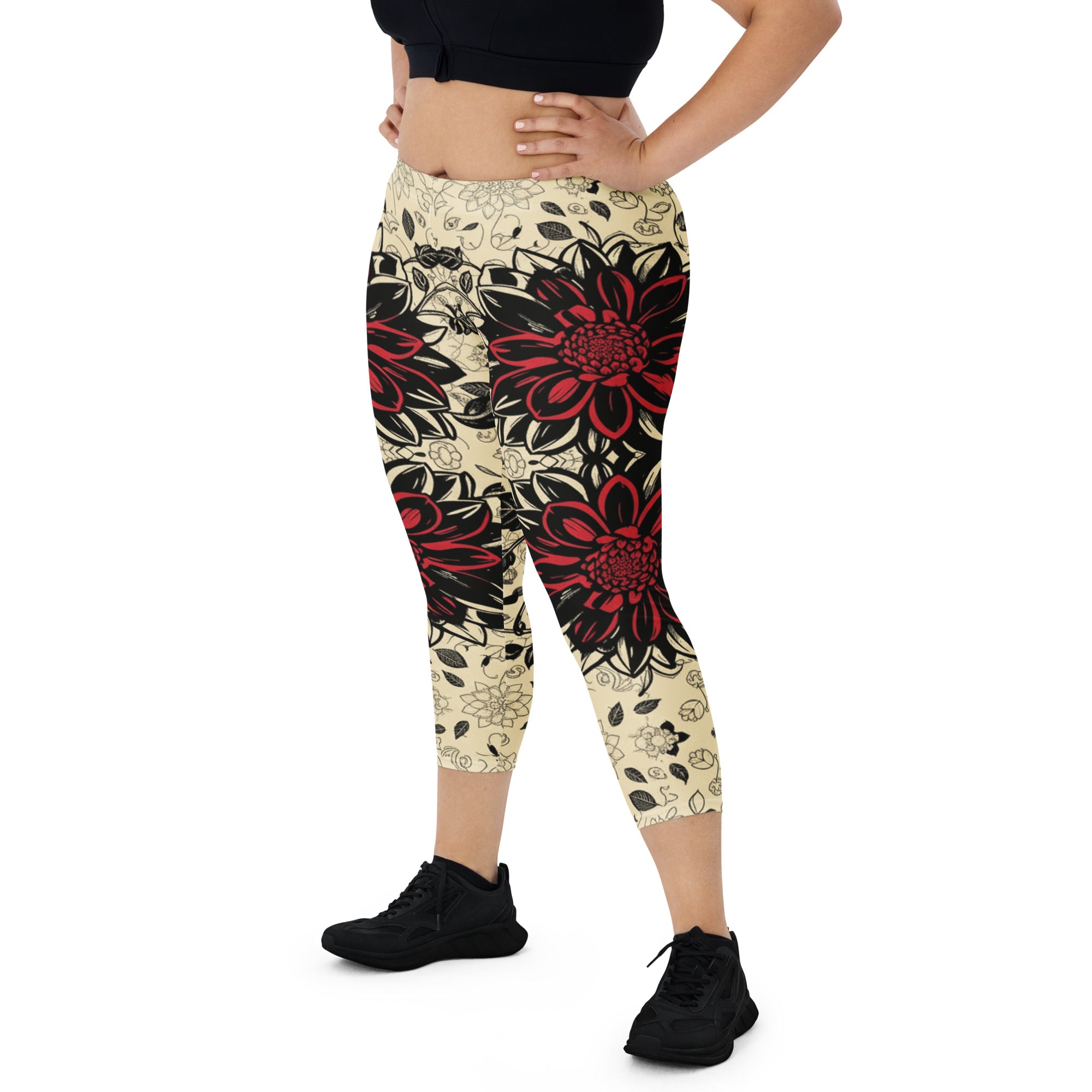Black Dahlia Bloom Capri Leggings | GearBunch