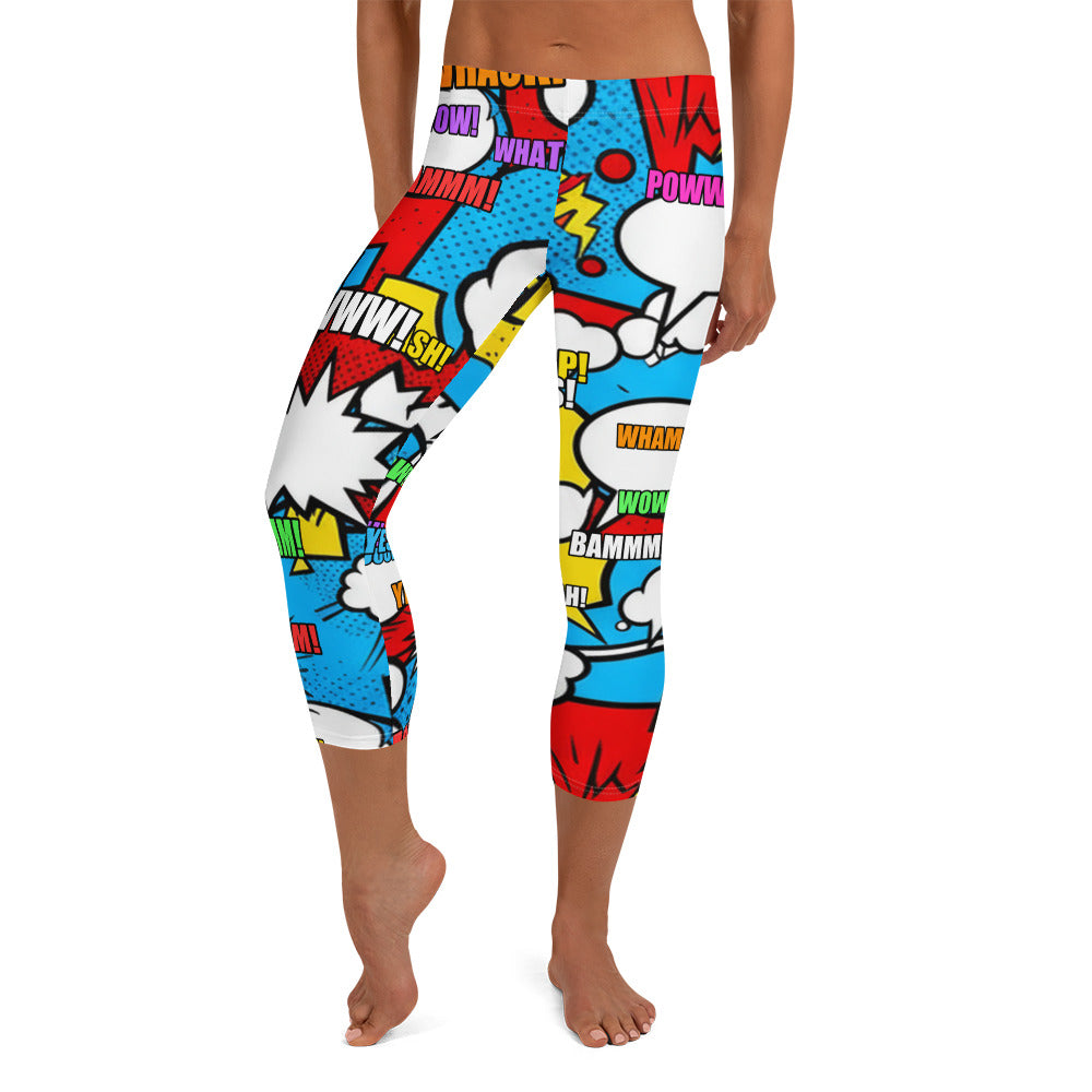 Comic Pop Electric Blue Capri Leggings | GearBunch
