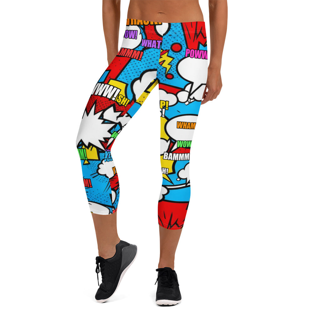Comic Pop Electric Blue Capri Leggings | GearBunch