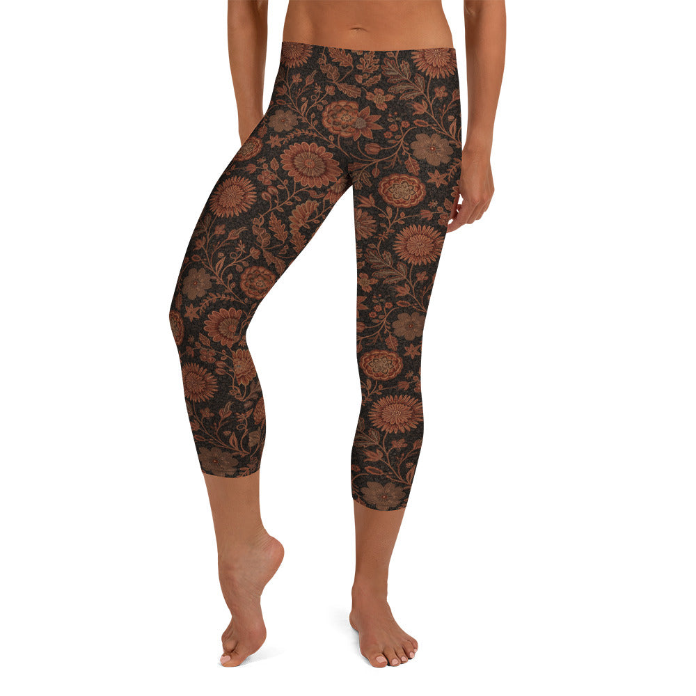 Copper Floral Capri Leggings | GearBunch