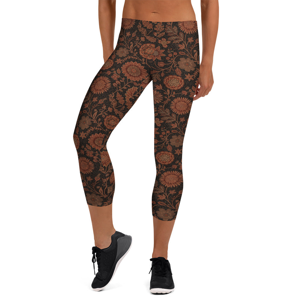 Copper Floral Capri Leggings | GearBunch