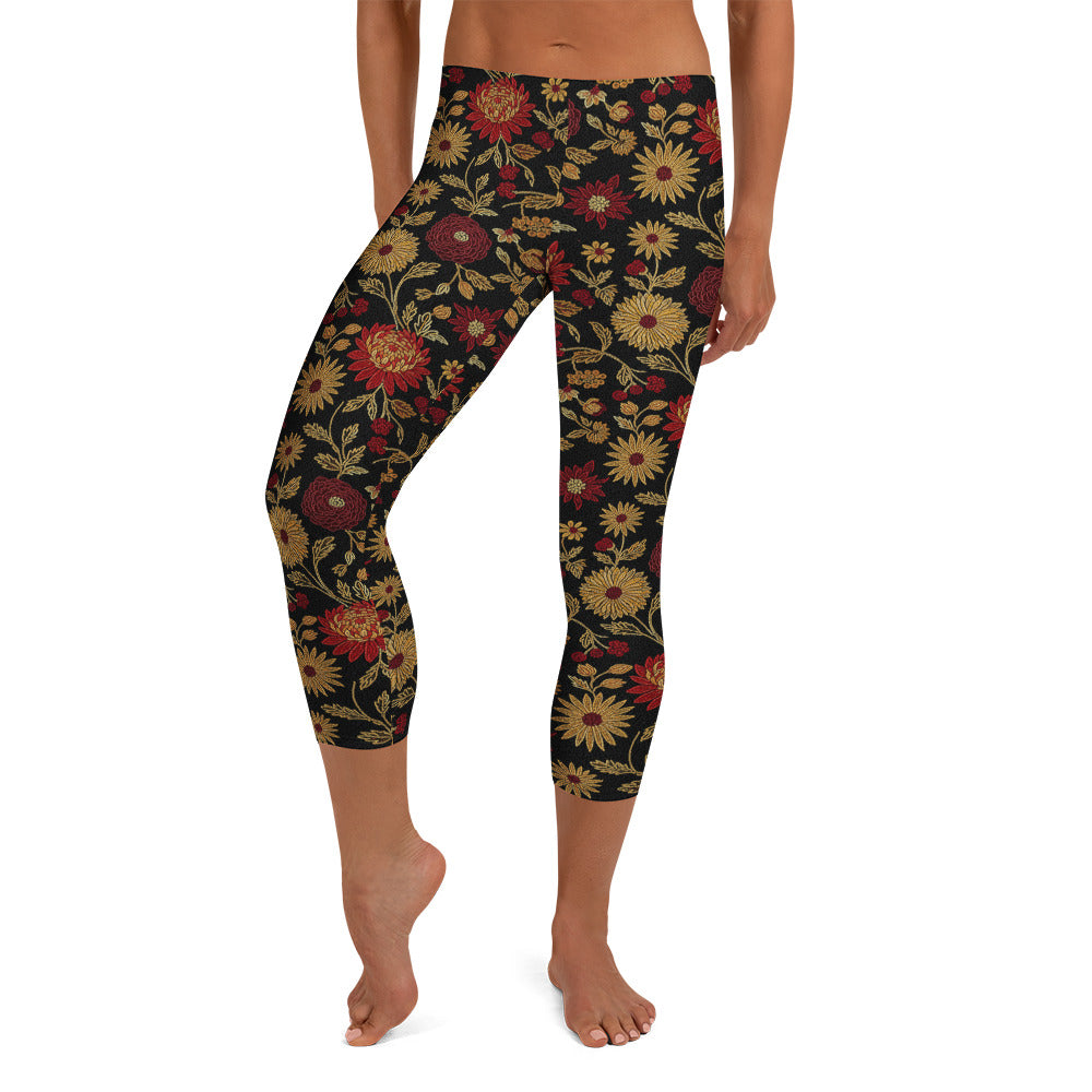 Gold Rose Garden Capri Leggings | GearBunch