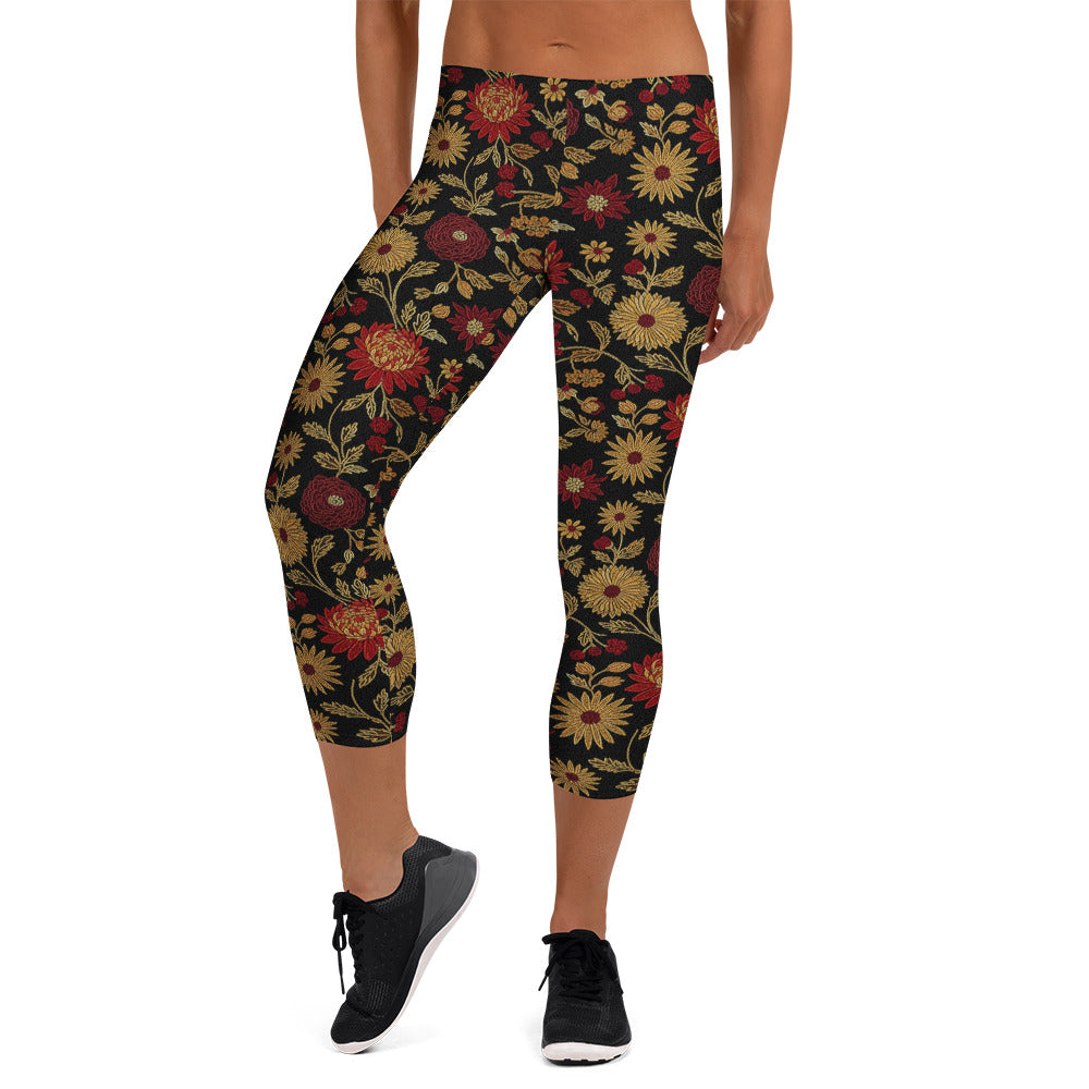 Gold Rose Garden Capri Leggings | GearBunch
