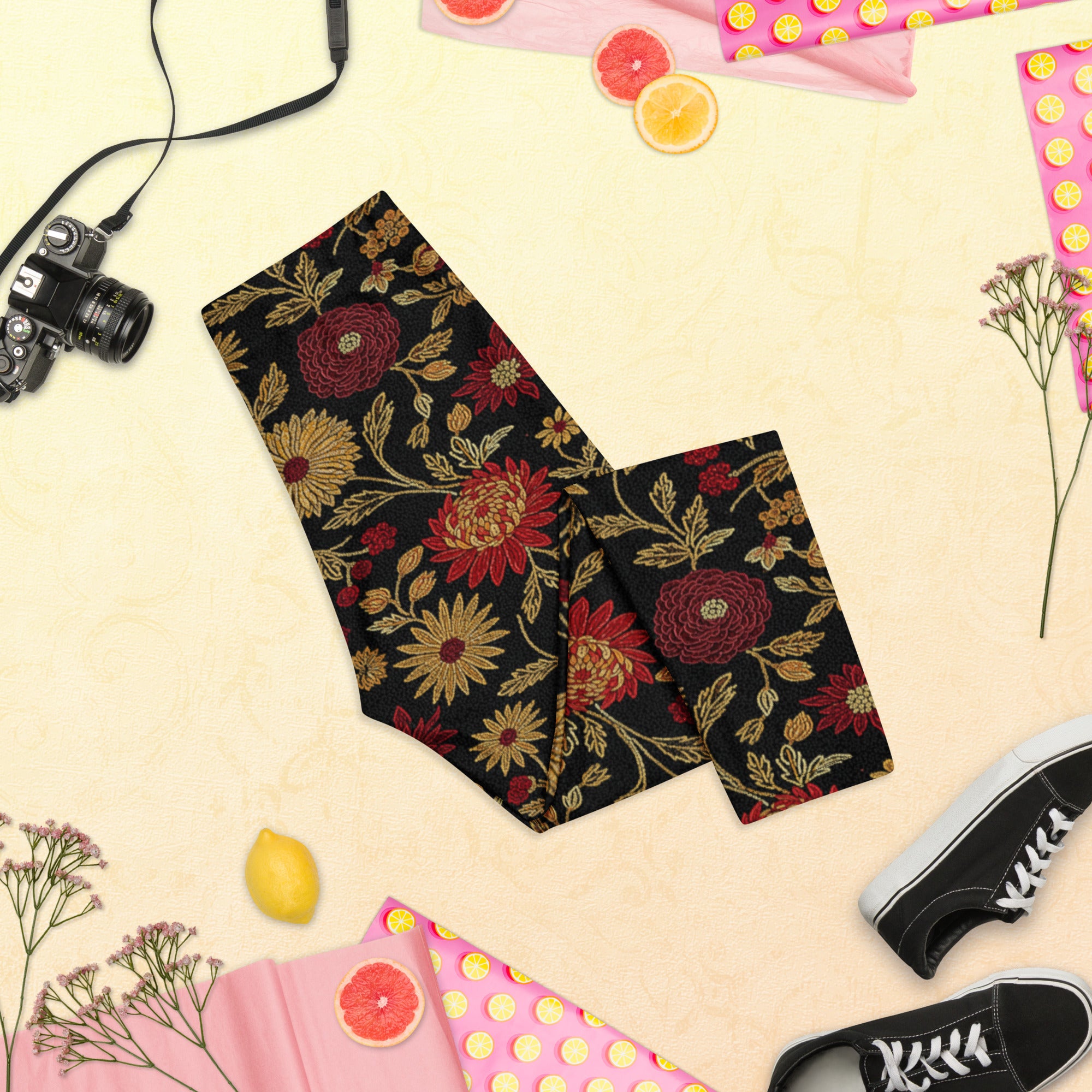 Gold Rose Garden Capri Leggings | GearBunch