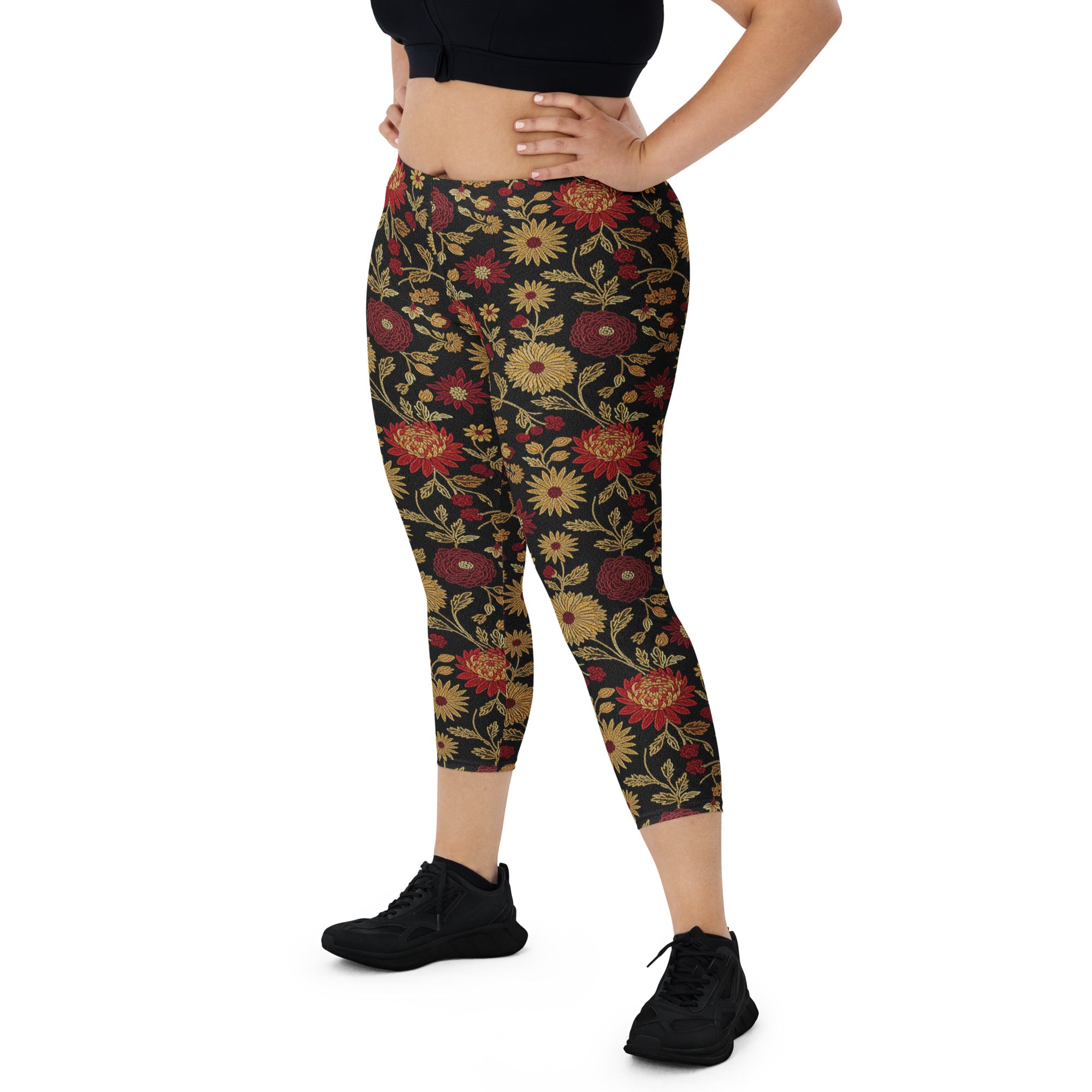 Gold Rose Garden Capri Leggings | GearBunch