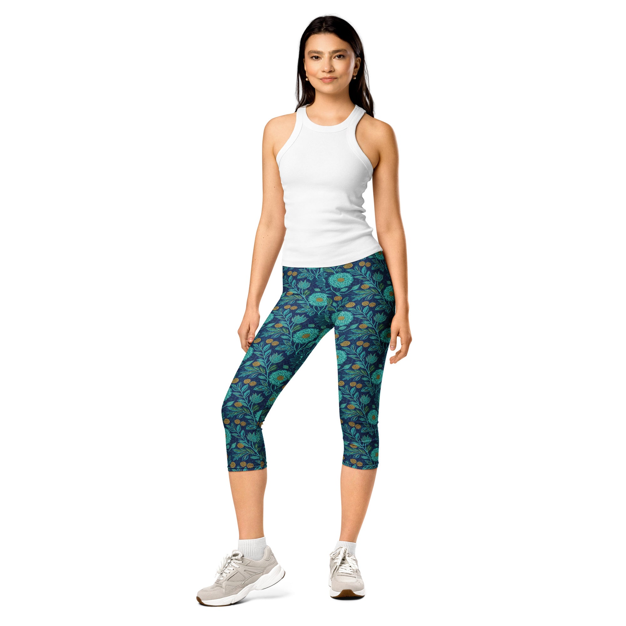 Teal Lotus Garden Capri Leggings | GearBunch