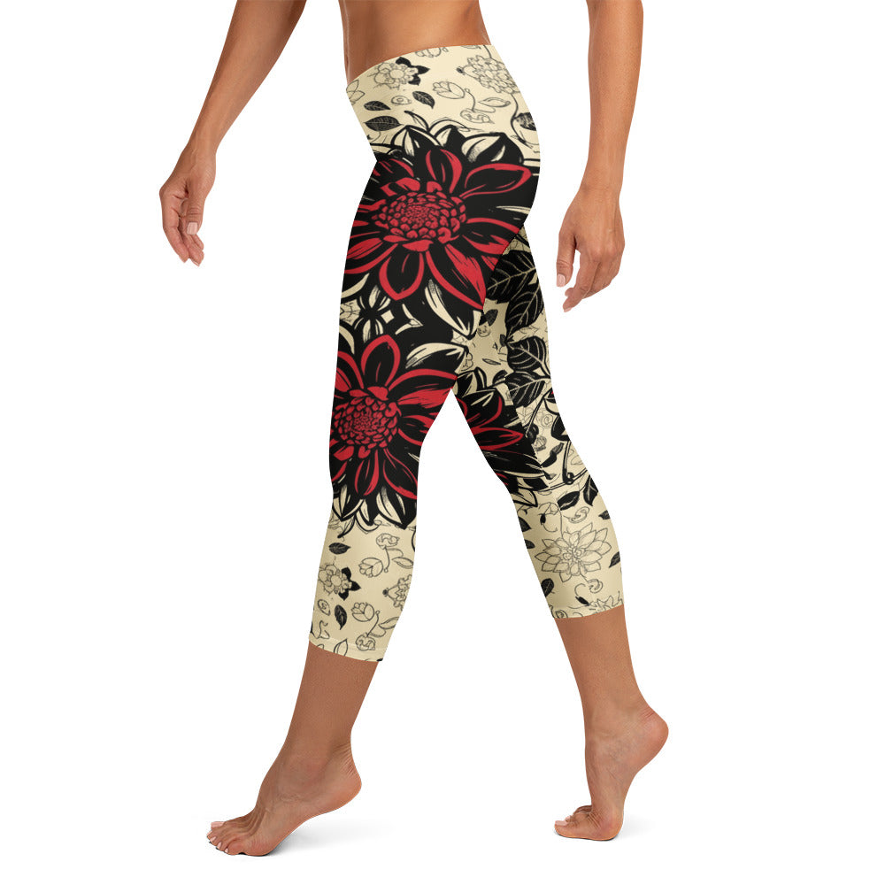 Black Dahlia Bloom Capri Leggings | GearBunch
