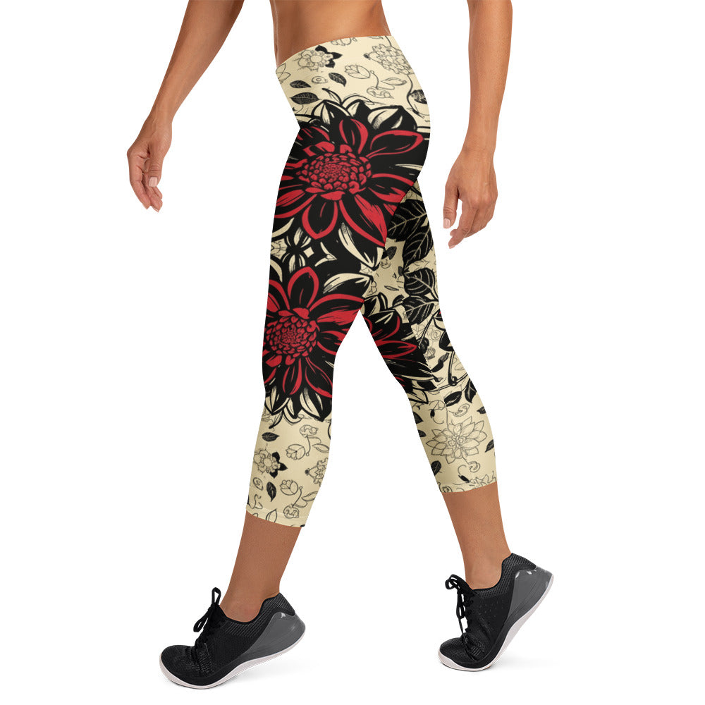 Black Dahlia Bloom Capri Leggings | GearBunch