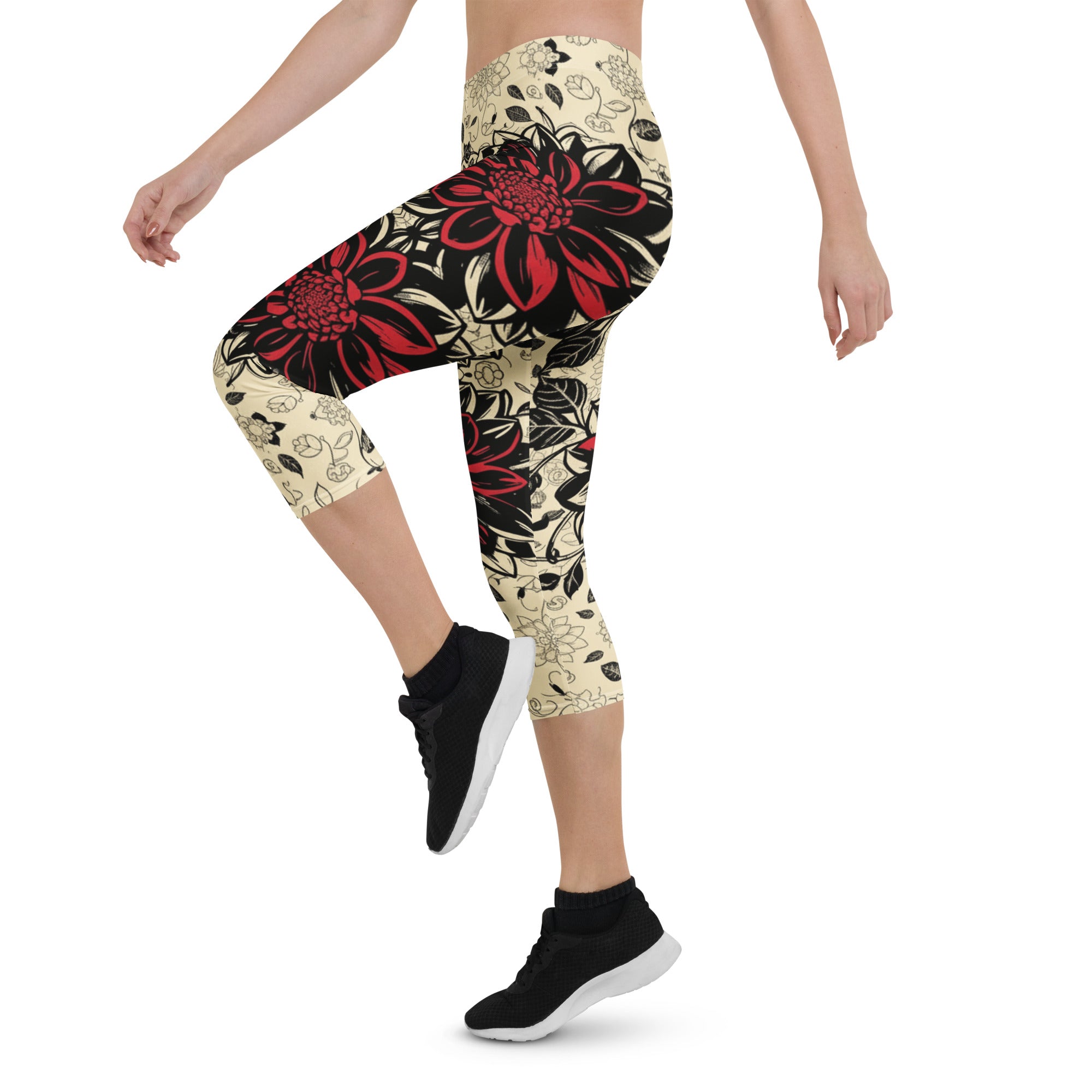 Black Dahlia Bloom Capri Leggings | GearBunch