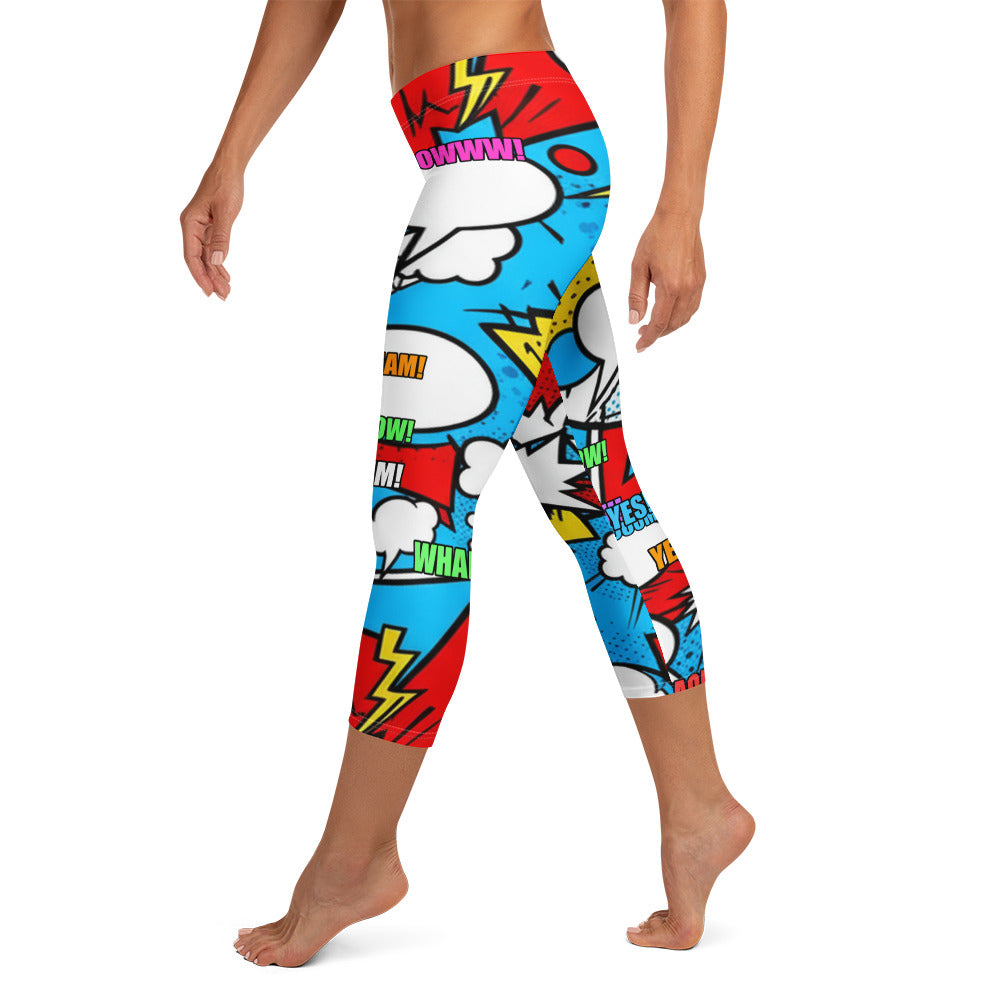 Comic Pop Electric Blue Capri Leggings | GearBunch