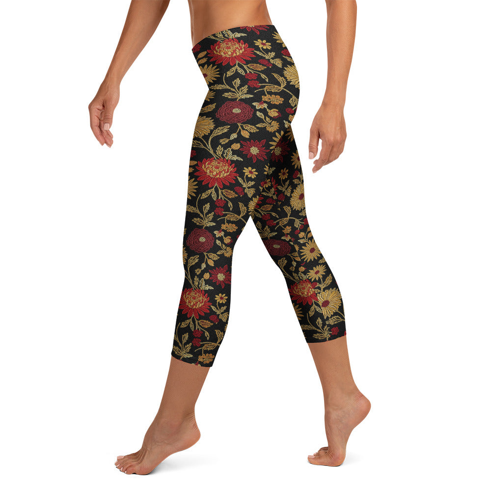 Gold Rose Garden Capri Leggings | GearBunch