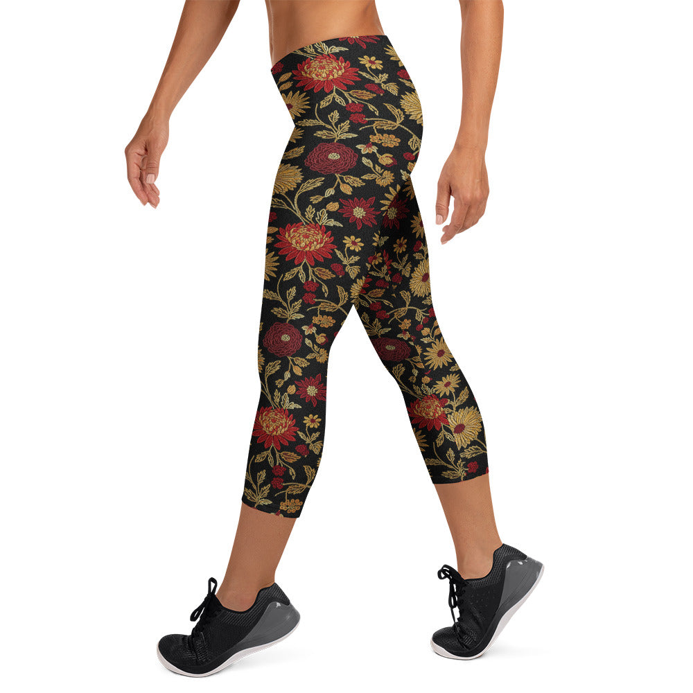 Gold Rose Garden Capri Leggings | GearBunch