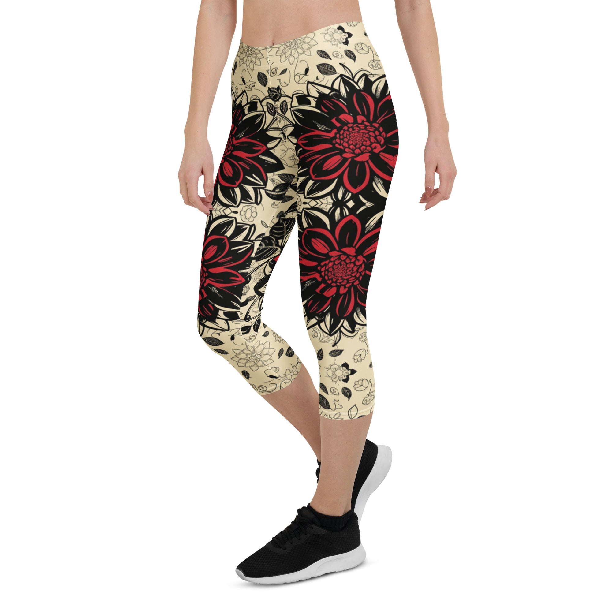 Black Dahlia Bloom Capri Leggings | GearBunch