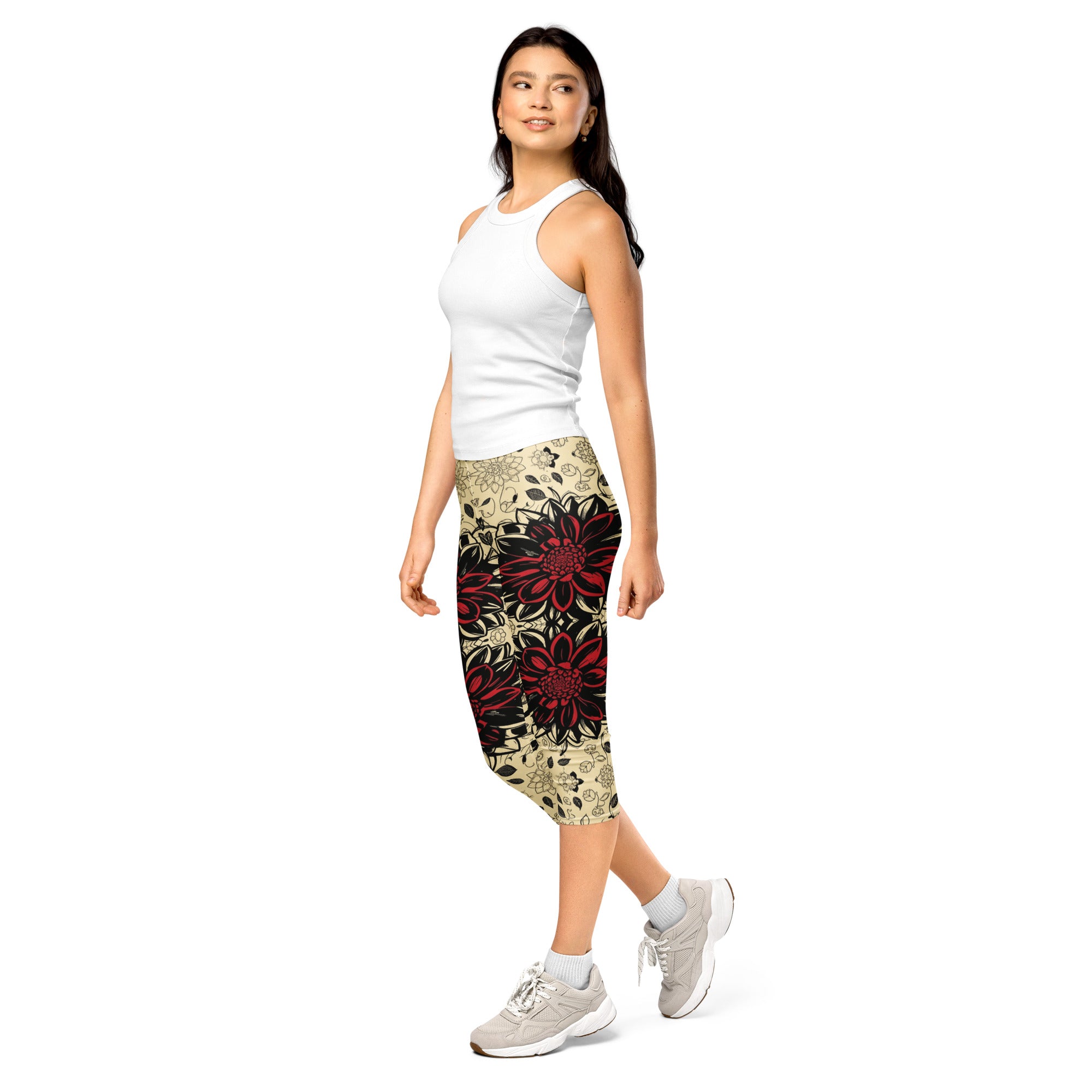 Black Dahlia Bloom Capri Leggings | GearBunch