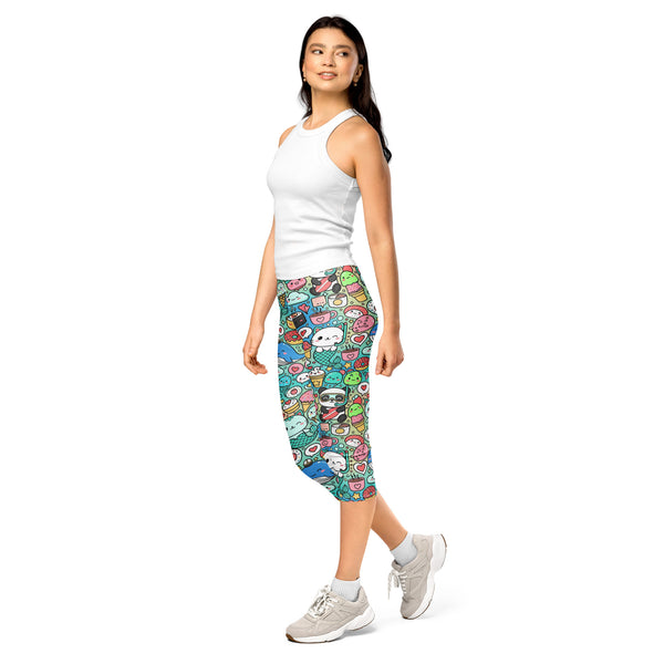 Women's kawaii ocean friends printed capri leggings front view