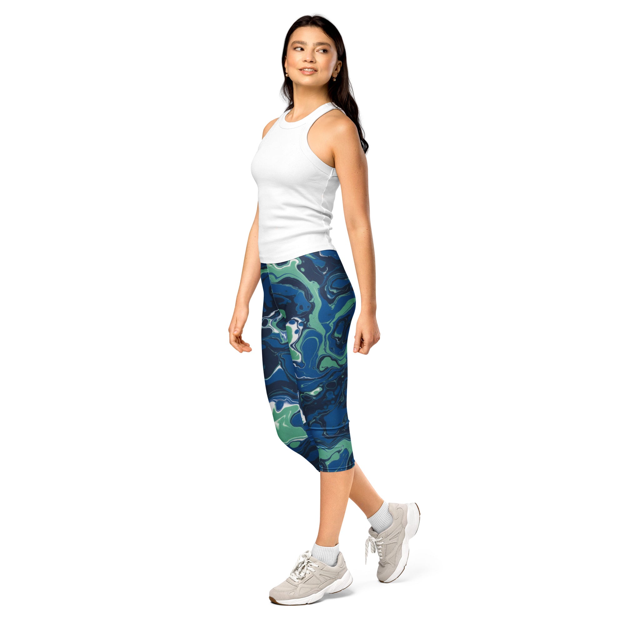 Women's ocean current pattern capri leggings front view