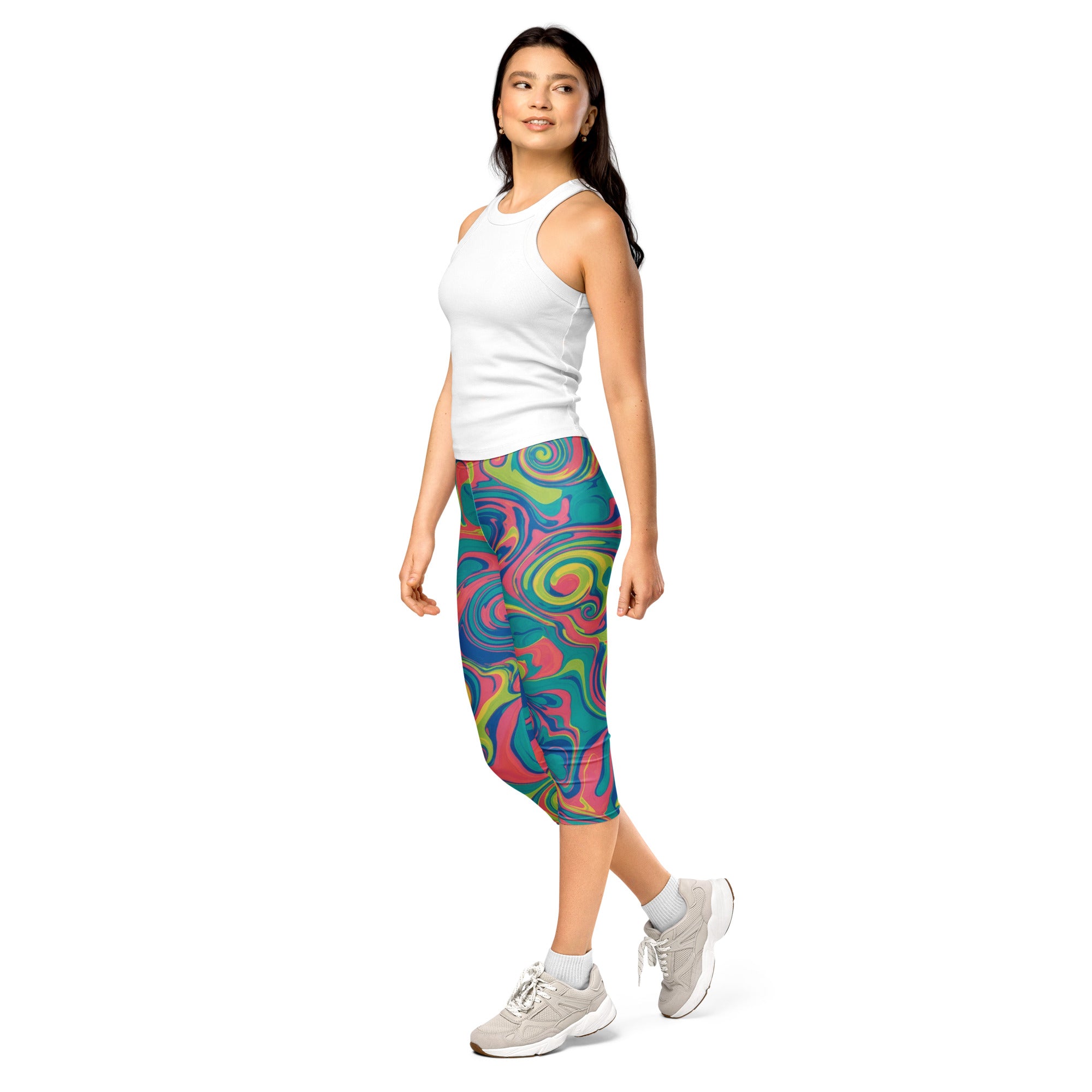 Women's liquid marble tropical printed capri leggings front view