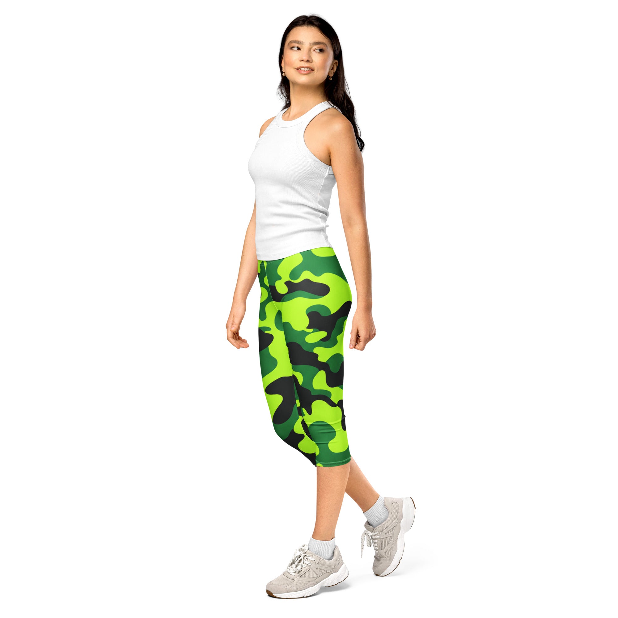 Women's neon camo capri leggings front view