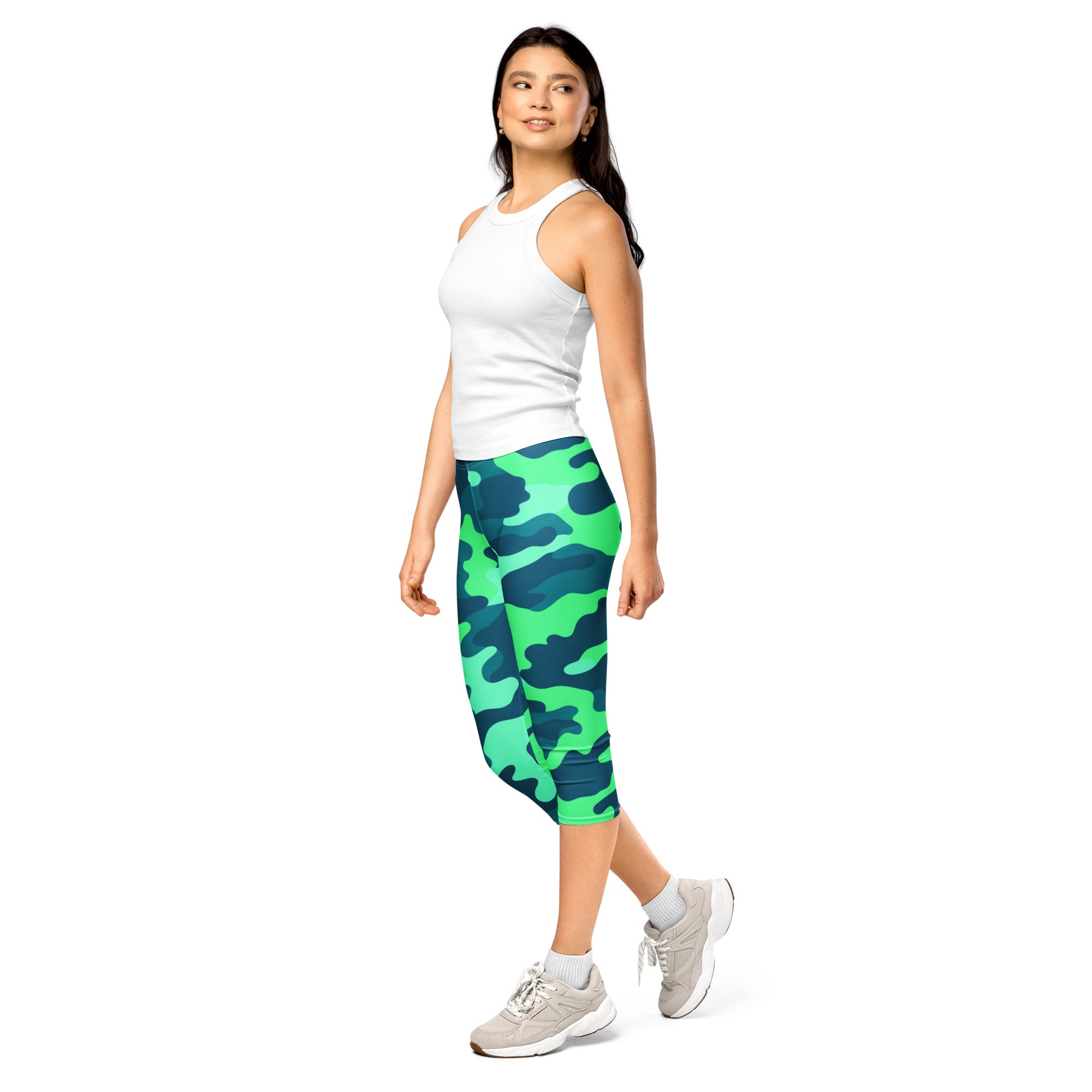 Women's ocean teal camo capri leggings front view