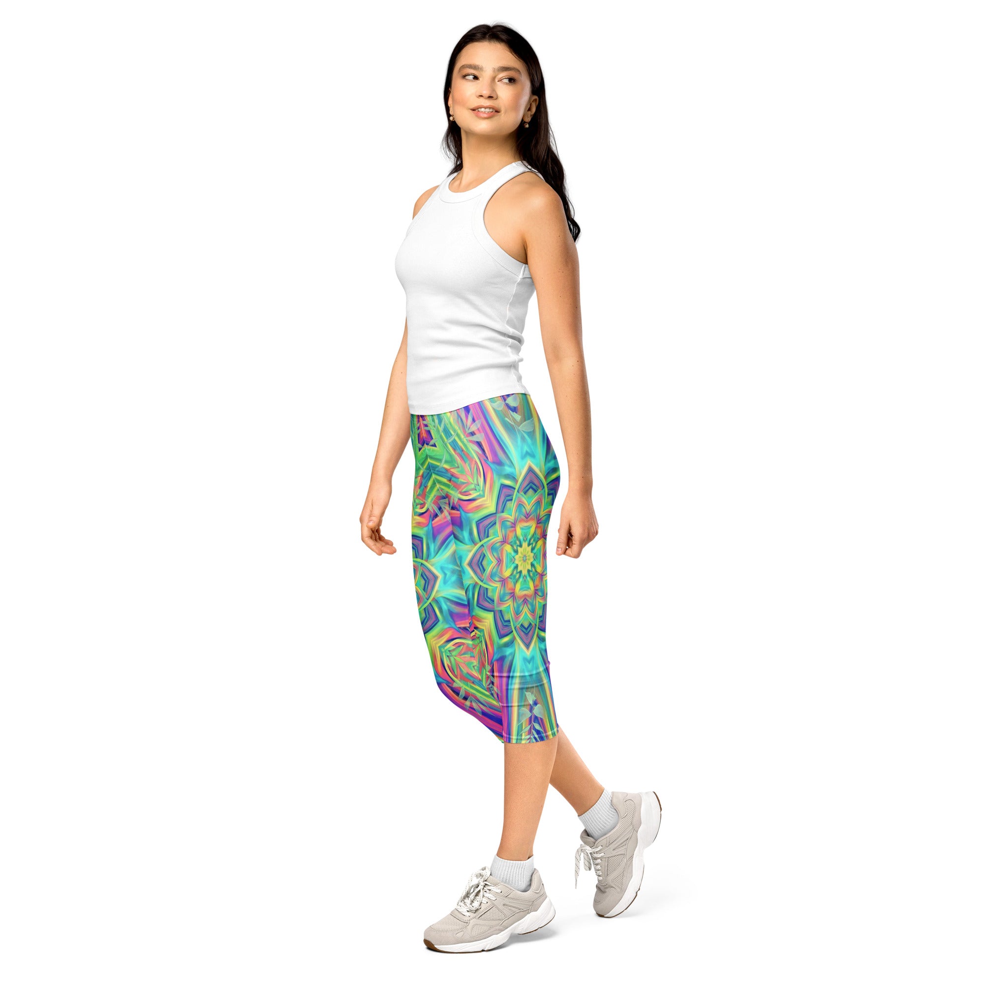 Women's tropical laser capri leggings front view