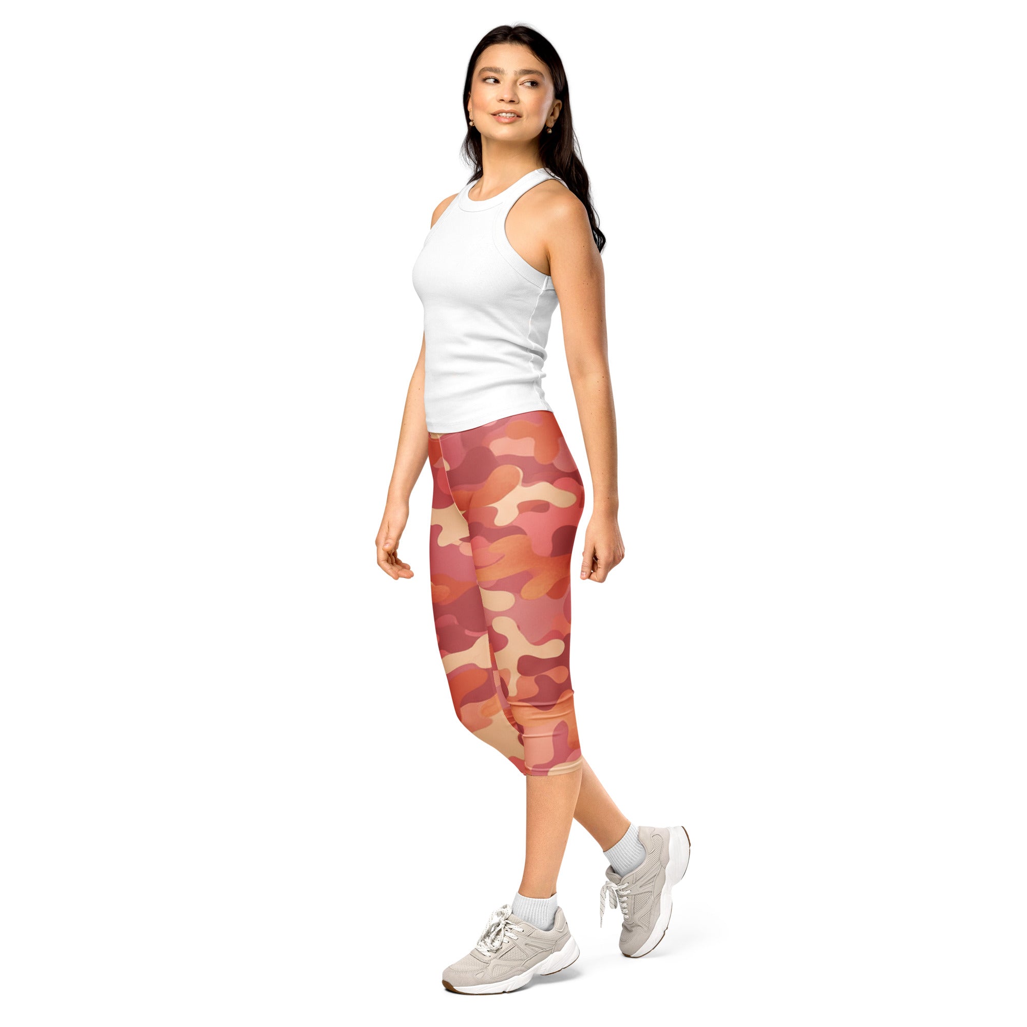 Women's rose gold camo capri leggings front view